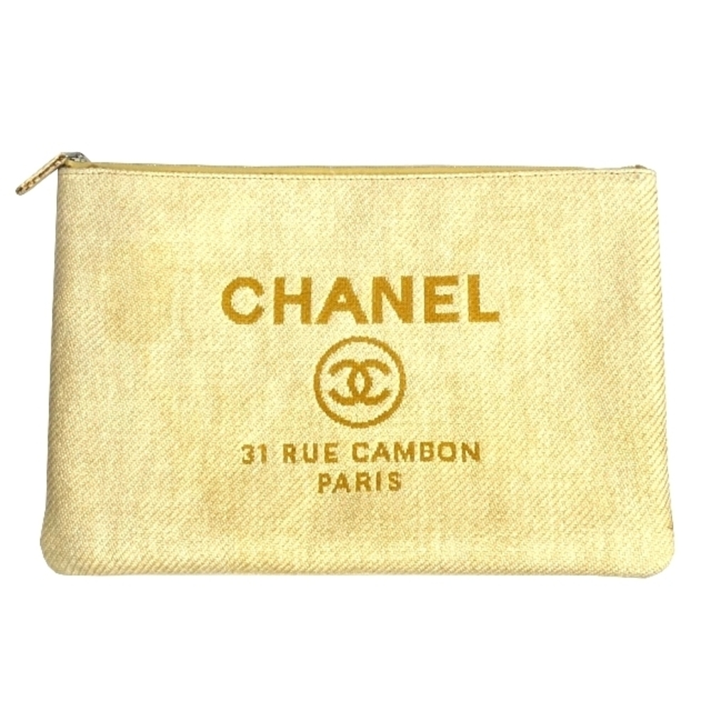 CHANEL Deauville Clutch Bag Fabric Yellow